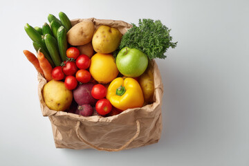 Aufkleber - A brown paper bag overflowing with fresh produce: potatoes, carrots, cucumbers, tomatoes, a yellow bell pepper, a green apple, and a vibrant orange. Healthy eating concept. : Generative AI