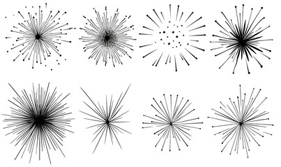 Poster - Set of eight black and white minimalist starburst and sunburst vector shapes with radiating lines and dots abstract design elements for graphic decoration and pattern creation