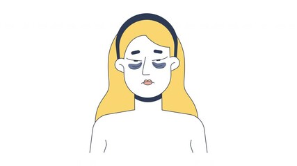 Poster - Blonde woman tired face with dark circles under eyes cartoon animation. Puffiness, fatigue skincare. Caucasian white female animated flat 2D character 4K video isolated on white, alpha channel