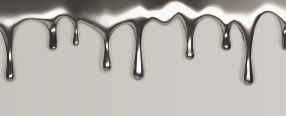 Poster - Metallic silver liquid drips border - shiny chrome fluid droplets flowing down. Glossy molten metal drops isolated on gray background. Realistic 3d mercury blobs, melted steel splash shapes.