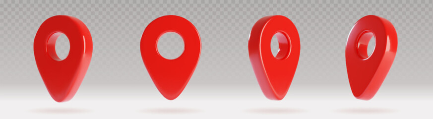 Poster - 3D red map pointer pin icons set - glossy location markers with transparent shadows isolated on gray background. Shiny drop shaped navigation symbols for GPS, travel, delivery service apps UI design.