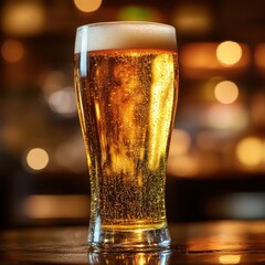 Poster - Close-up of golden beer in glass on bar top; refreshing beverage, bubbles, foam head, warm lighting, shallow depth of field, inviting atmosphere