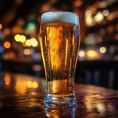 Poster - Refreshing pilsner beer in tall glass on dark wooden bar top with blurred background lights close up view