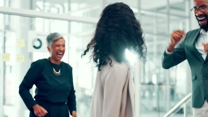 Poster - Woman, dancing and celebration with team at office with goals, happy and success at finance agency. Business people, staff and excited with rhythm, smile and cheers for profit increase at company