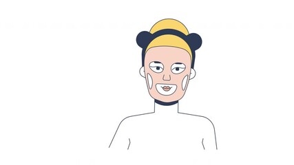 Poster - Blonde woman applying facial sheet mask cartoon animation. Rejuvenation skin care. Caucasian white female using face mask animated flat 2D character 4K video isolated on white, alpha channel