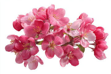 Poster - A vibrant branch of pink crabapple blossoms, showcasing delicate petals and golden stamens against a stark white background, perfect for spring themes and floral designs. : Generative AI
