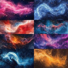 Poster - cosmic collage of colorful nebulae and starfields in deep space; abstract galaxy background with vib
