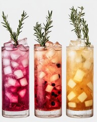 Poster - Three colorful cocktails with ice cubes and rosemary sprigs studio shot on white background refreshing summer drinks