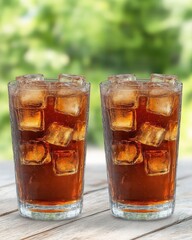 Poster - Refreshing iced tea in textured glasses on a wooden table with a blurred green background summer refreshment drink