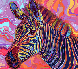  an abstract drawing of a zebra with colorful lines, precisionist lines, light red and indigo, colorful turbulence with mixed pattern colorful background