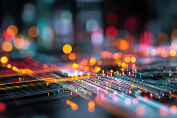 Leinwandbilder - Abstract digital circuit board with glowing orange, pink, and teal lines, bokeh lights, and a futuristic technology aesthetic. : Generative AI