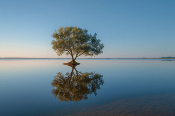 Poster - Solitary tree on a calm lake reflecting in tranquil water at sunrise, creating a serene and peaceful atmosphere. : Generative AI