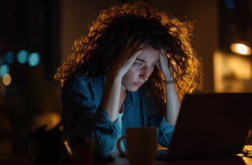 Poster - Frustrated young woman with curly hair works late at night on her laptop, illuminated by warm light, experiencing stress and fatigue. : Generative AI