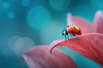 Poster - A ladybug with water droplets rests on a delicate pink petal, showcasing vibrant red and black markings against a soft teal bokeh background. : Generative AI
