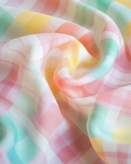 Poster - Close-up of pastel plaid fabric with soft folds creating depth and texture in studio lighting for a gentle feel