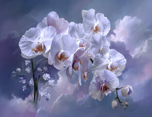 Poster - Elegant white phalaenopsis orchids gracefully arranged against a dreamy, purple-hued cloudy sky, creating a serene and peaceful atmosphere. : Generative AI