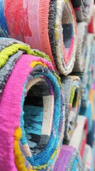Poster - Stacked Colorful Rugs in Market Close Up Abstract Display of Woven Textiles and Home Decor Items