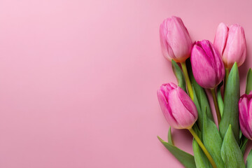Poster - Photo of a pink background with tulips on the left side for Mother's Day, flat lay. Web banner with copy space on the right. --ar 3:2 --raw --v 7 Job ID: e2c40e0d-d831-4001-bab3-0cf9bd8bb752