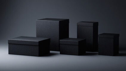 Poster - Five black textured boxes of varying sizes arranged on a dark gray surface, creating a minimalist and elegant display ideal for product presentations or luxury branding. : Generative AI