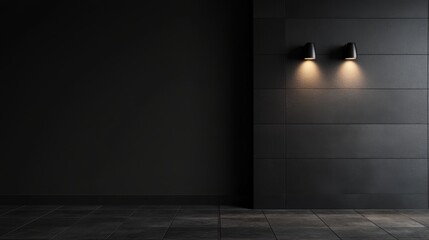 Poster - Dark Interior Wall with Sconces Casting Warm Light in Modern Minimalist Style Empty Room for Background or Mockup
