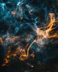 Poster - abstract smoke swirls in blue and orange tones against a dark background macro shot for creative des