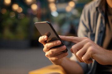 Aufkleber - Close-up view of a person's hands using a smartphone outdoors, fingers interacting with the screen, blurred background suggesting an urban setting at dusk. : Generative AI