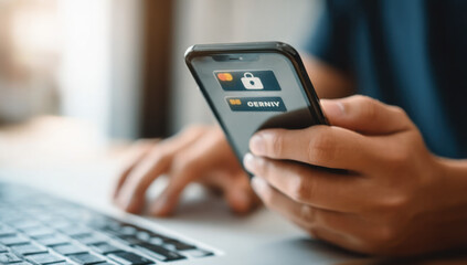 Poster - Person using smartphone for secure online payment, close-up view of hands holding phone displaying payment app interface with security lock icon and credit card symbol. : Generative AI