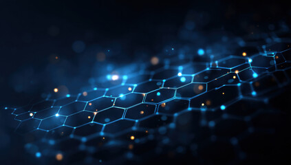 Poster - Abstract digital network background with glowing blue hexagons and orange sparks, ideal for technology, connectivity, and futuristic concepts. : Generative AI
