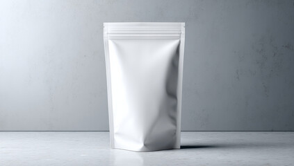 Aufkleber - White blank foil doypack mockup, standing on a table with a gray background : Generative AI