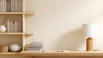Leinwandbilder - Modern minimalist home office desk setup with wooden shelves, books, lamp, and beige wall.  Clean and calming workspace aesthetic. : Generative AI
