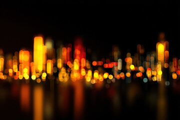 Poster - Abstract Cityscape at Night: Golden and Red Lights Blurred Bokeh Effect, Illuminated Buildings, Urban Night Scene : Generative AI