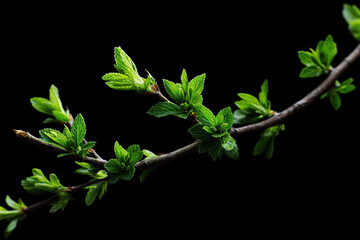 Aufkleber - Vibrant green spring branch with delicate new leaves, isolated against a stark black background, showcasing the beauty of nature's renewal. : Generative AI