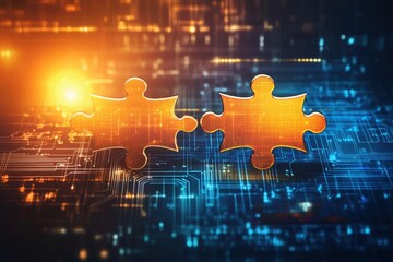 Poster - Two Golden Puzzle Pieces Connecting on a Digital Circuit Board Close Up Conceptual Shot