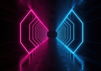 Poster - A futuristic tunnel with neon lights creates a geometric perspective into an abstract space