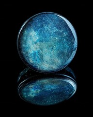 Poster - Abstract Blue Galaxy Glass Stone Reflecting on Black Surface Studio Shot Close Up Circular Shape
