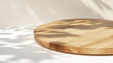 Poster - Minimalist Wood Display Platform with Leaf Shadows on White Background Product Mockup Studio Shot