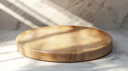 Aufkleber - Round Wooden Cutting Board Display on Marble Countertop in Natural Sunlight Studio Shot for Product Mockup