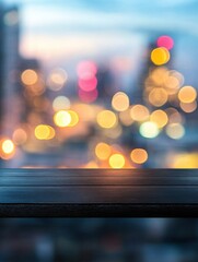 Poster - Dark wood table top with blurred cityscape bokeh lights in background at dusk; product display mockup in urban setting