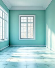 Poster - Empty room with aqua walls and tiled floor Interior design stock photo of a bright space with windows and natural light
