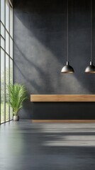 Poster - Minimalist Interior with Plant and Pendant Lights in Modern Office Space with Large Windows