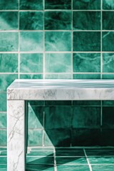Poster - Marble Tabletop Against Emerald Green Tile Wall and Floor in Modern Interior Design Close Up Still Life