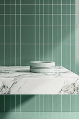 Poster - Minimalist Still Life of Stone Dish on Marble Countertop against Green Tile Backdrop Studio Shot