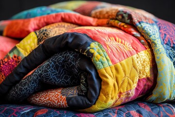 Poster - colorful folded quilt with intricate patterns beautifully displayed on a dark background, colorful f