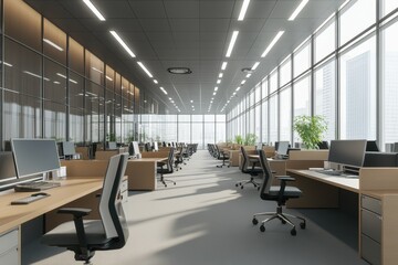 Poster - Modern open space office with rows of chairs and desks illuminated by natural light, Broad open space office, chairs and desks in neat rows, clean and modern background