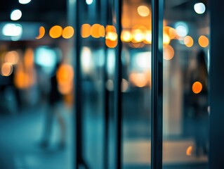 Poster - Abstract blurred view through glass doors of people walking in a building lobby at night with bokeh lights