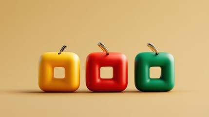 Poster - Minimalist arrangement of colorful square blocks with rounded edges and central cutouts, placed in a row on a plain light background with soft shadows
