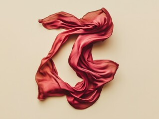 Poster - Flowing red silk scarf on beige background overhead studio shot fashion textile fabric elegance luxury smooth drape movement