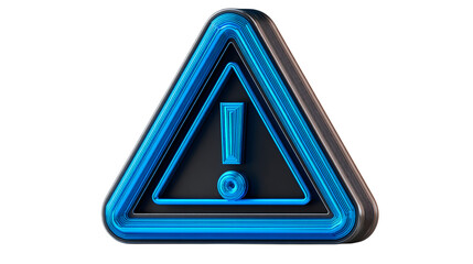 Poster - Abstract blue neon warning triangle sign 3d render modern alert symbol design illustration on transparent background
