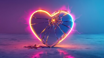 Poster - Vibrant neon glowing broken heart sculpture with sparks and lightning effects on smooth reflective surface in dramatic colorful background