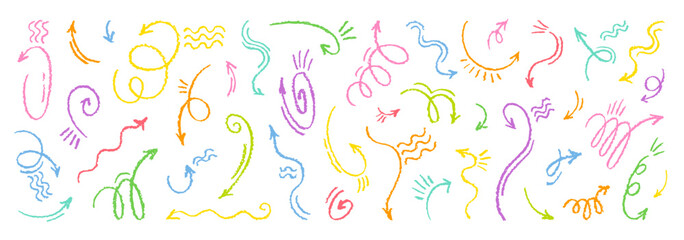 Aufkleber - Color arrows. Brush, crayon, pencil, marker line vector. Hand drawn pastel color arrow shape element. Chalk icon. Scribble design. Sketch bg. Abstract doodle kid arrows set. Cute fun grunge background